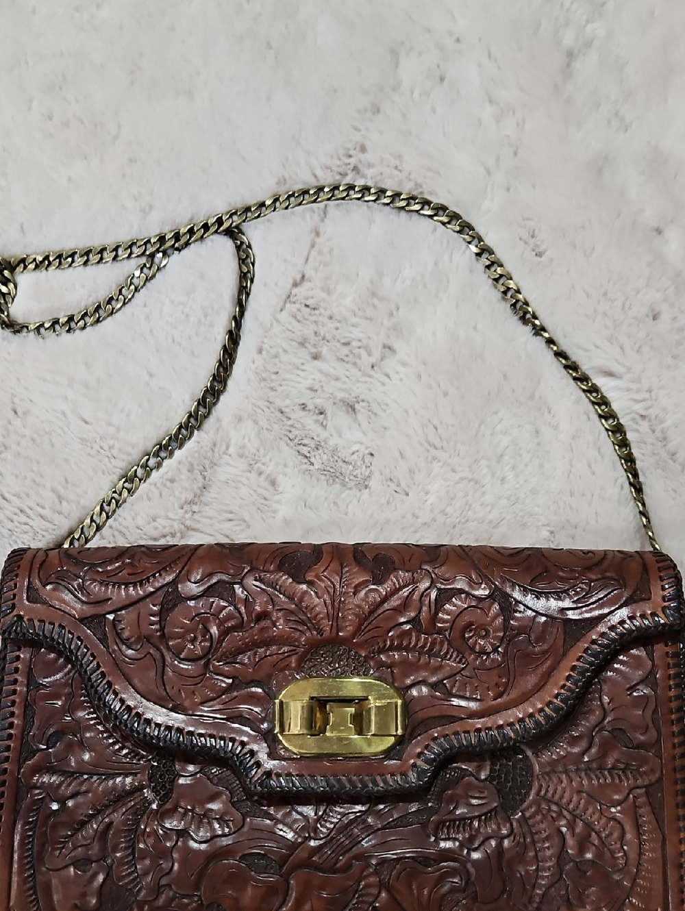 EUC Tooled Elegant Brown Leather Clutch